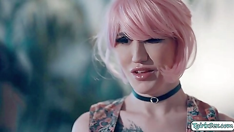 Trans tatted guy has her ass slapped anal by her guy