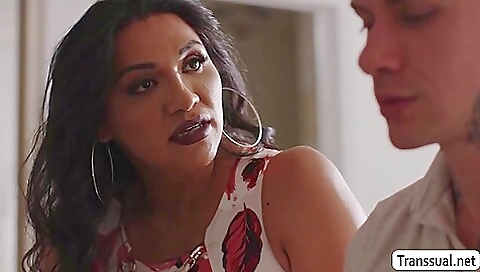 Bareback stepmom rides a hard cock in a hot threesome