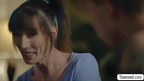 Busty brunette babe sucks on her cock and rides it