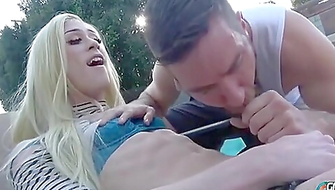 Tattooed blonde sucks pool guy's dick and gets anal