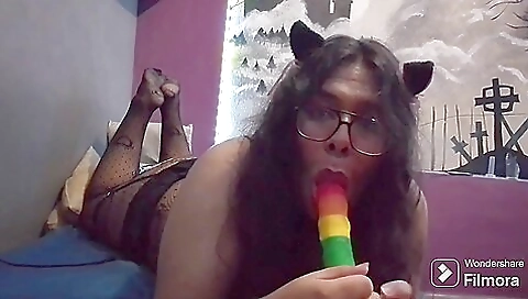 Busty trans girl fucks a dildo solo and shows off her booty