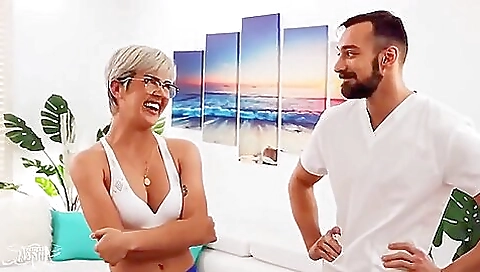 Big tits brunette is getting fucked in the open garage