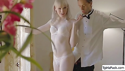 Brunette babe and her lover have a threesome on the bed